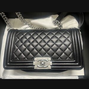 Chanel Boy Black Quilted Shoulder Bag with Silver Hardware
